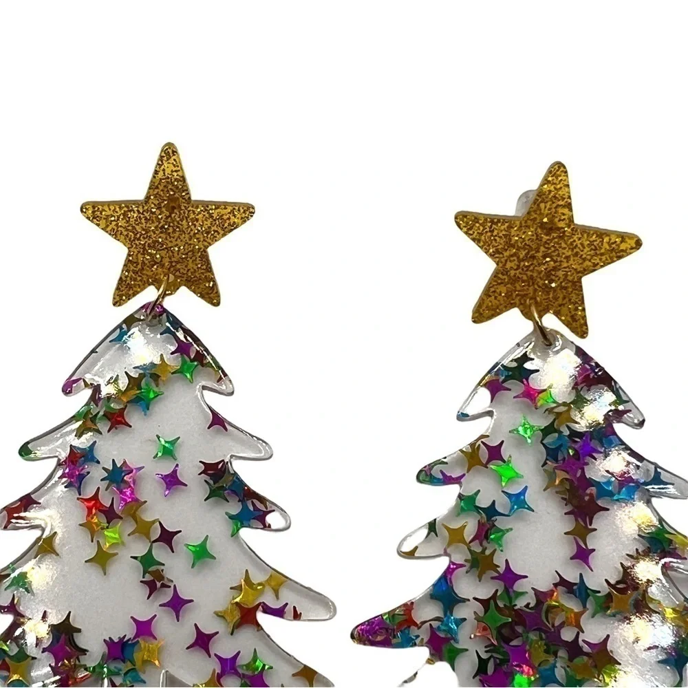 Clear Acrylic Christmas Tree Dangle Earrings Multicolored Stars Festive Jewelry